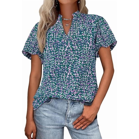 PRETTYGARDEN Boho Short Sleeve Floral Work Blouses for Women Dressy Casual V Neck Puff Sleeve Loose Chiffon Flowy Tops Shirts