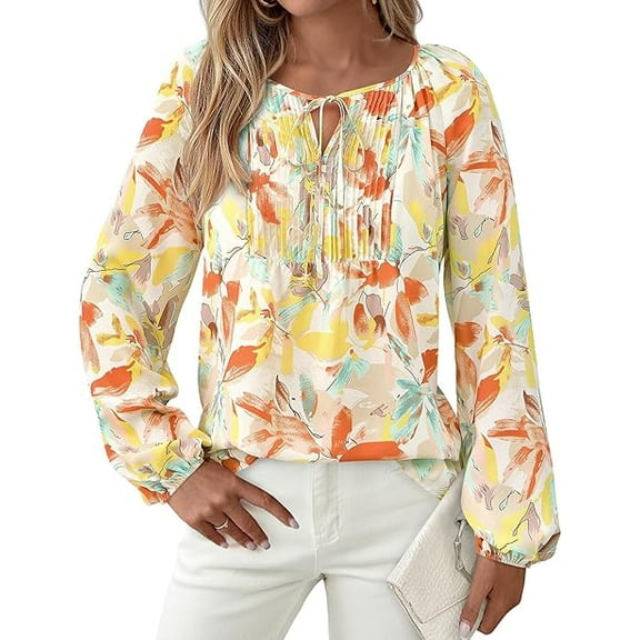 PRETTYGARDEN Boho Tops for Women Going Out Floral Long Sleeve Shirts Dressy Casual Work Blouses Drawstring Fall Outfits