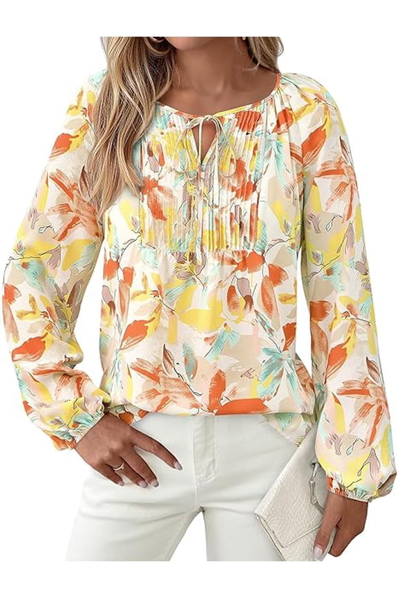 Boho Tops for Women Going Out Floral Long Sleeve Shirts Dressy Casual Work Blouses Drawstring Fall Outfits