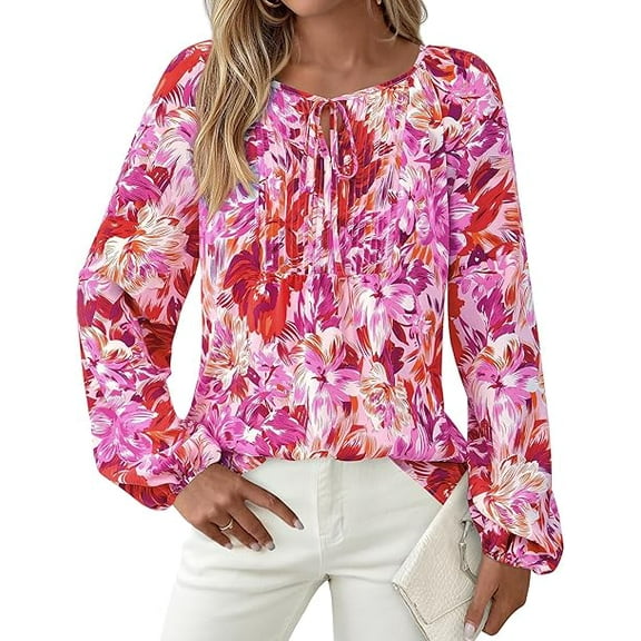 PRETTYGARDEN Boho Tops for Women Going Out Floral Long Sleeve Shirts Dressy Casual Work Blouses Drawstring Fall Outfits
