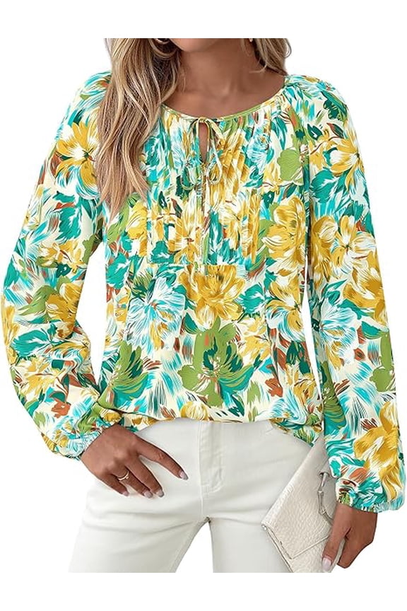 Boho Tops for Women Going Out Floral Long Sleeve Shirts Dressy Casual Work Blouses Drawstring Fall Outfits