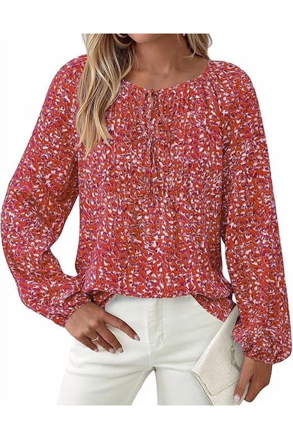 Boho Tops for Women Going Out Floral Long Sleeve Shirts Dressy Casual Work Blouses Drawstring Fall Outfits