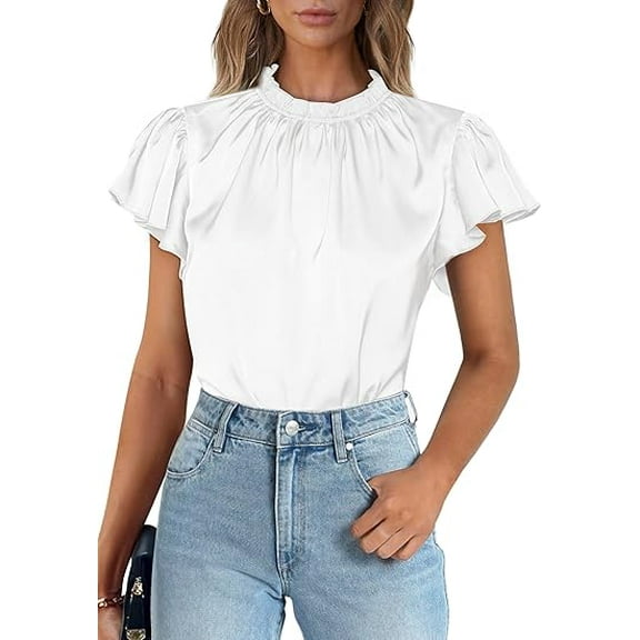 PRETTYGARDEN Business Casual Tops for Women Blouses Dressy Summer Short Sleeve Ruffle Satin Work Office Attire