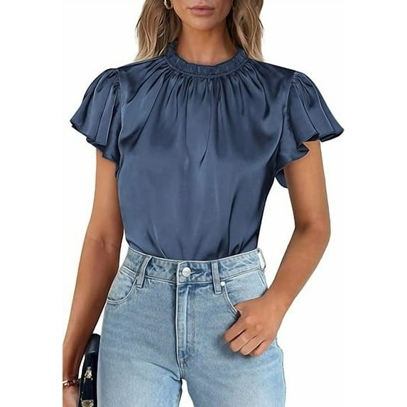 PRETTYGARDEN Business Casual Tops for Women Blouses Dressy Summer Short Sleeve Ruffle Satin Work Office Attire