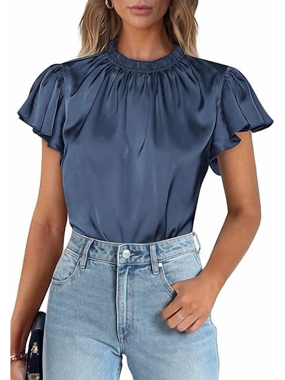 Business Casual Tops for Women Blouses Summer Short Sleeve Ruffle Satin Work Office Attire
