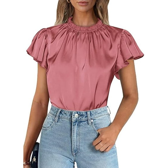 PRETTYGARDEN Business Casual Tops for Women Blouses Dressy Summer Short Sleeve Ruffle Satin Work Office Attire