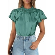 PRETTYGARDEN Business Casual Tops for Women Blouses Dressy Summer Short Sleeve Ruffle Satin Work Office Attire