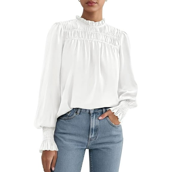 PRETTYGARDEN Business Casual Tops for Women Frill Neck Satin Long Sleeve Shirts Work Office Fall Outfits