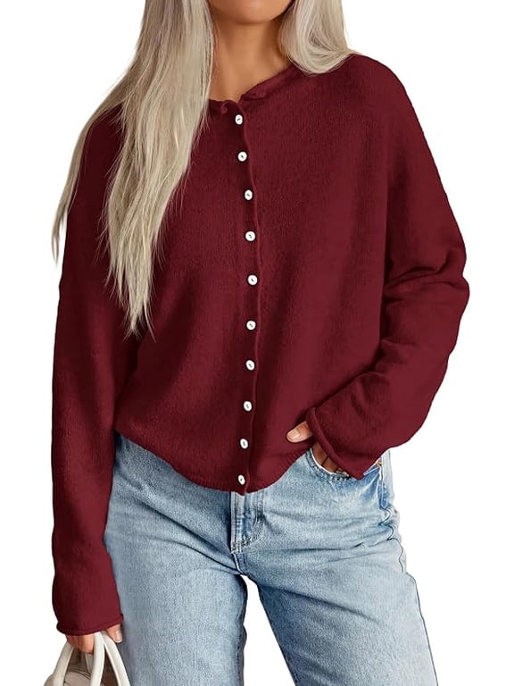 Button Up Cardigan for Women Knit Oversized Fall Sweaters,Rolled Edges, Casual Work Office Going Out Outfits, Long Sleeve Crew Neck, Layering Tops, Lightweight Cozy Winter Clothes