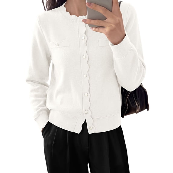 PRETTYGARDEN Cardigan Sweaters for Women Scalloped Button Up Fall Outfits Soft Knit Long Sleeve Knit Tops,Crew Neck,Business Casual Outfits,Office Work Lightweight Sweater,Layers Clothes