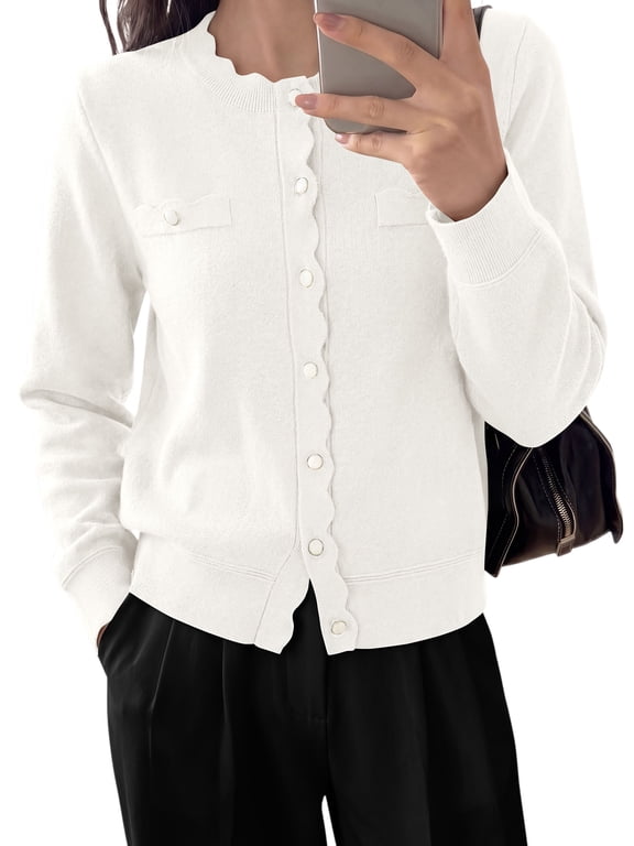 Cardigan Sweaters for Women Scalloped Button Up Fall Outfits Soft Knit Long Sleeve Knit Tops,Crew Neck,Business Casual Outfits,Office Work Lightweight Sweater,Layers Clothes