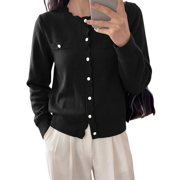 PRETTYGARDEN Cardigan Sweaters for Women Scalloped Button Up Fall Outfits Soft Knit Long Sleeve Knit Tops,Crew Neck,Business Casual Outfits,Office Work Lightweight Sweater,Layers Clothes