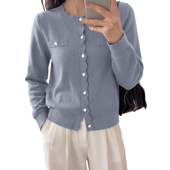 PRETTYGARDEN Cardigan Sweaters for Women Scalloped Button Up Fall Outfits Soft Knit Long Sleeve Knit Tops,Crew Neck,Business Casual Outfits,Office Work Lightweight Sweater,Layers Clothes