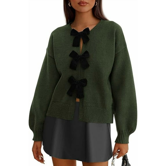 PRETTYGARDEN Cardigan Sweaters for Women Fall Bow Tie Front Long Sleeve Knit Sweater Tops Cute Going Out Outfits