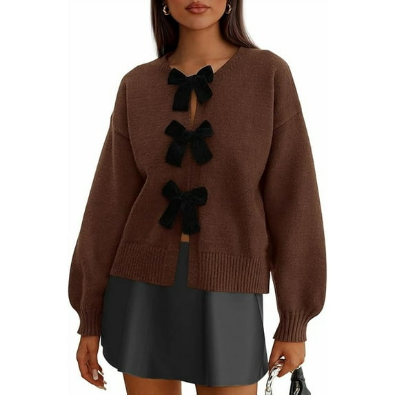 PRETTYGARDEN Cardigan Sweaters for Women Fall Bow Tie Front Long Sleeve Knit Sweater Tops Cute Going Out Outfits