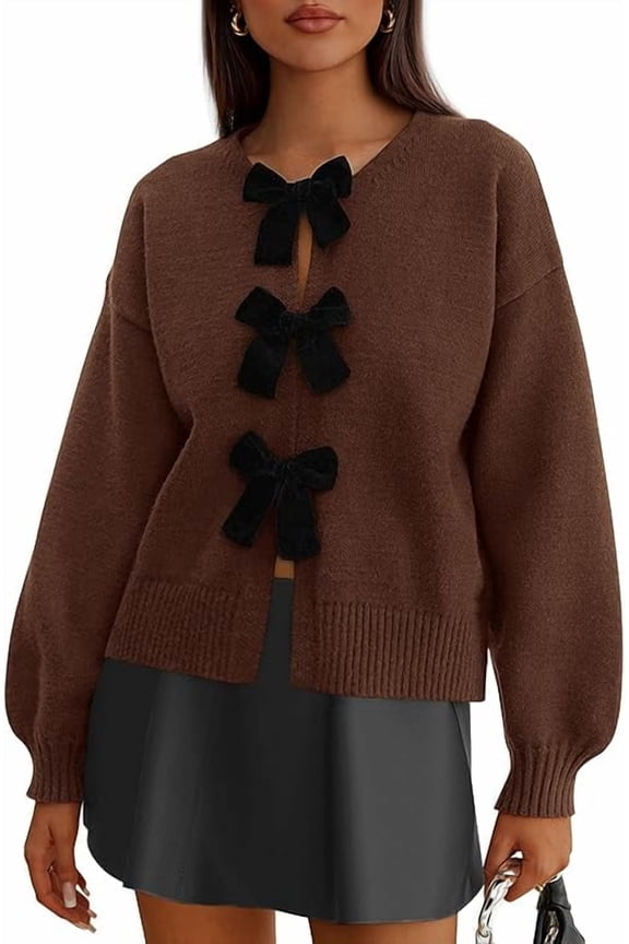 Cardigan Sweaters for Women Fall Bow Tie Front Long Sleeve Knit Sweater Tops Cute Going Out Outfits