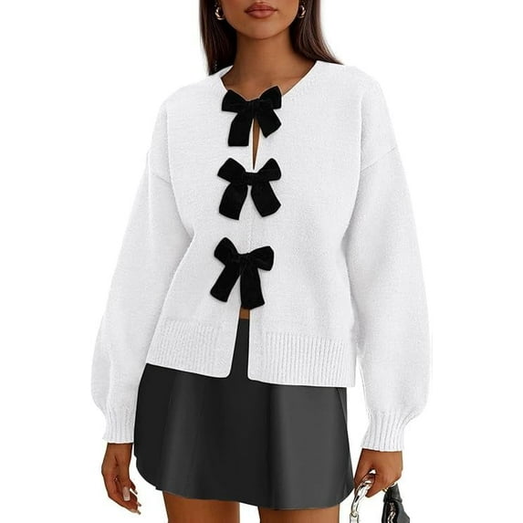 PRETTYGARDEN Cardigan Sweaters for Women Fall Bow Tie Front Long Sleeve Knit Sweater Tops Cute Going Out Outfits