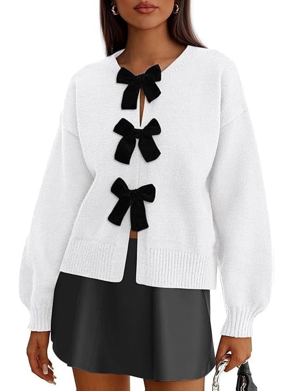 Cardigan Sweaters for Women Fall Bow Tie Front Long Sleeve Knit Sweater Tops Cute Going Out Outfits