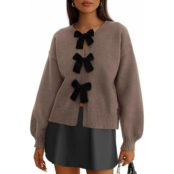 PRETTYGARDEN Cardigan Sweaters for Women Fall Bow Tie Front Long Sleeve Knit Sweater Tops Cute Going Out Outfits