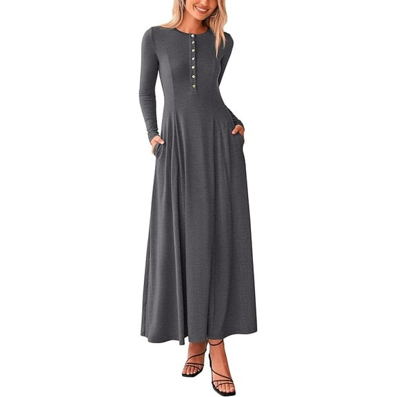 PRETTYGARDEN Casual Maxi Dress for Women Spring Fashion Long Sleeve Button Fit and Flare Long Flowy Dresses