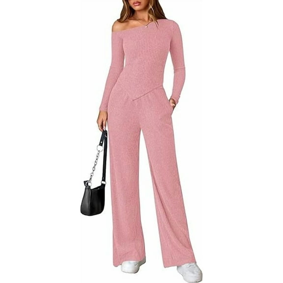 PRETTYGARDEN Casual Two Piece Sets for Women Fall Outfits Asymmetrical Off Shoulder Tops Wide Leg Pants Knit Lounge Set