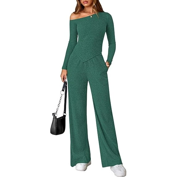 PRETTYGARDEN Casual Two Piece Sets for Women Fall Outfits Asymmetrical Off Shoulder Tops Wide Leg Pants Knit Lounge Set