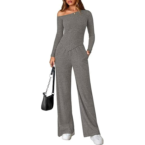 PRETTYGARDEN Casual Two Piece Sets for Women Fall Outfits Asymmetrical Off Shoulder Tops Wide Leg Pants Knit Lounge Set