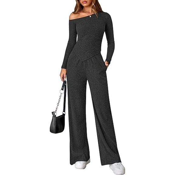 PRETTYGARDEN Casual Two Piece Sets for Women Fall Outfits Asymmetrical Off Shoulder Tops Wide Leg Pants Knit Lounge Set