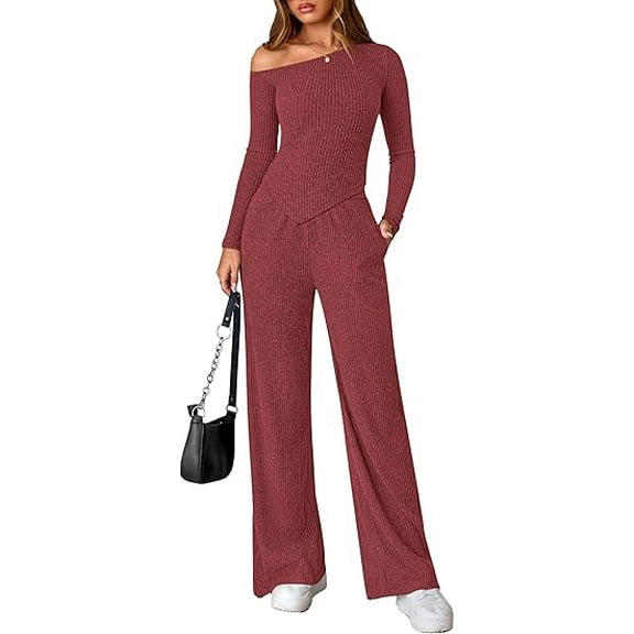 PRETTYGARDEN Casual Two Piece Sets for Women Fall Outfits Asymmetrical Off Shoulder Tops Wide Leg Pants Knit Lounge Set