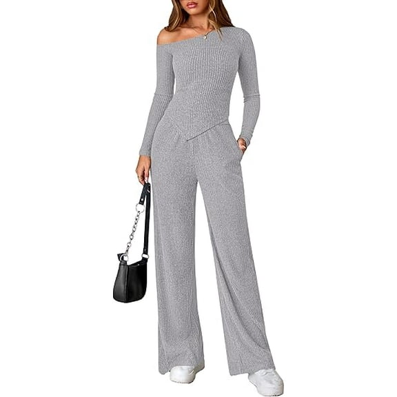 PRETTYGARDEN Casual Two Piece Sets for Women Fall Outfits Asymmetrical Off Shoulder Tops Wide Leg Pants Knit Lounge Set