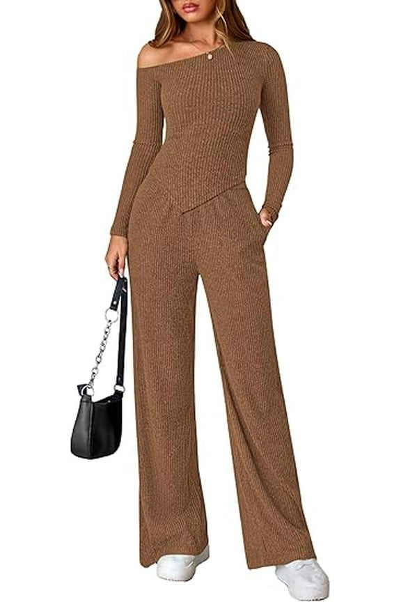 Casual Two Piece Sets for Women Fall Outfits Asymmetrical Off Shoulder Tops Wide Leg Pants Knit Lounge Set