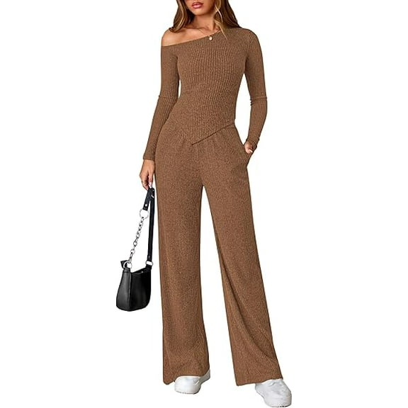 PRETTYGARDEN Casual Two Piece Sets for Women Fall Outfits Asymmetrical Off Shoulder Tops Wide Leg Pants Knit Lounge Set