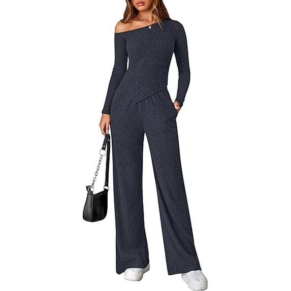 PRETTYGARDEN Casual Two Piece Sets for Women Fall Outfits Asymmetrical Off Shoulder Tops Wide Leg Pants Knit Lounge Set