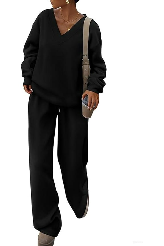 Casual Winter Two Piece Sets for Women V Neck Sweatshirt Loose Wide Leg Pants Tracksuit Knit Fall Outfits