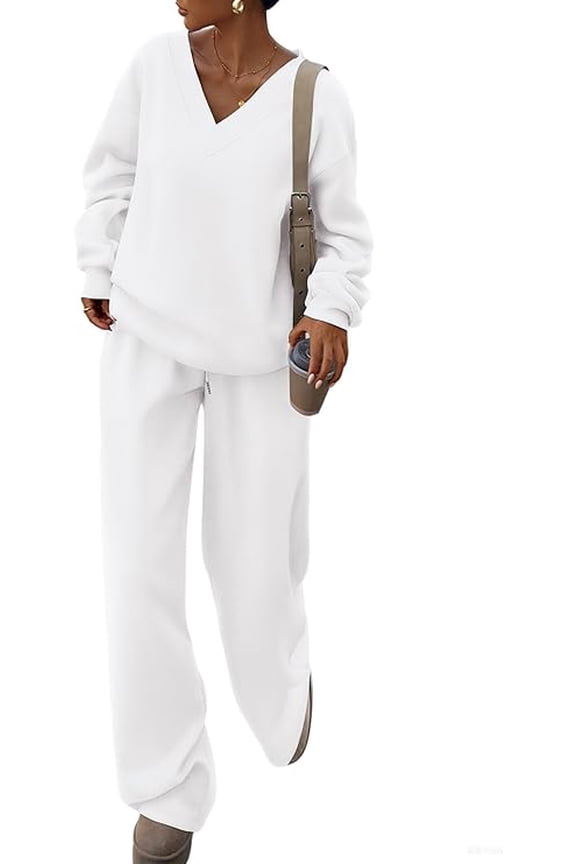 Casual Winter Two Piece Sets for Women V Neck Sweatshirt Loose Wide Leg Pants Tracksuit Knit Fall Outfits