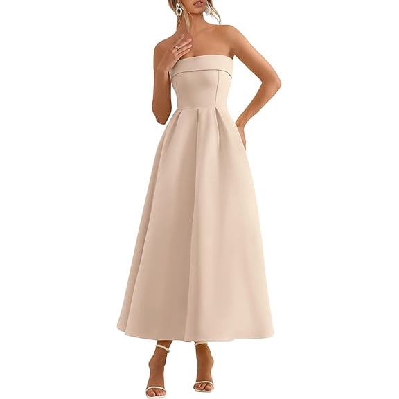 PRETTYGARDEN Cocktail Dresses for Women Summer Formal Elegant Tube Top Strapless Spring Wedding Guest Party Midi Dress