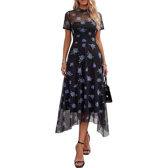 PRETTYGARDEN Cocktail Dresses for Women Summer Short Sleeve Floral Mesh Sheer Midi Party Wedding Guest Dress
