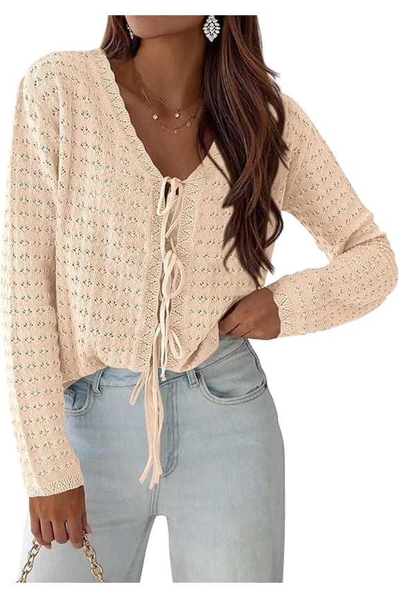 Crochet Cardigan Sweaters for Women Trendy Spring Summer Long Sleeve Tie Front Tops Boho Beach Vacation Clothes