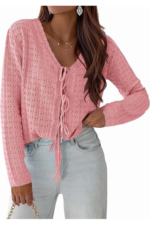 Crochet Cardigan Sweaters for Women Trendy Spring Summer Long Sleeve Tie Front Tops Boho Beach Vacation Clothes