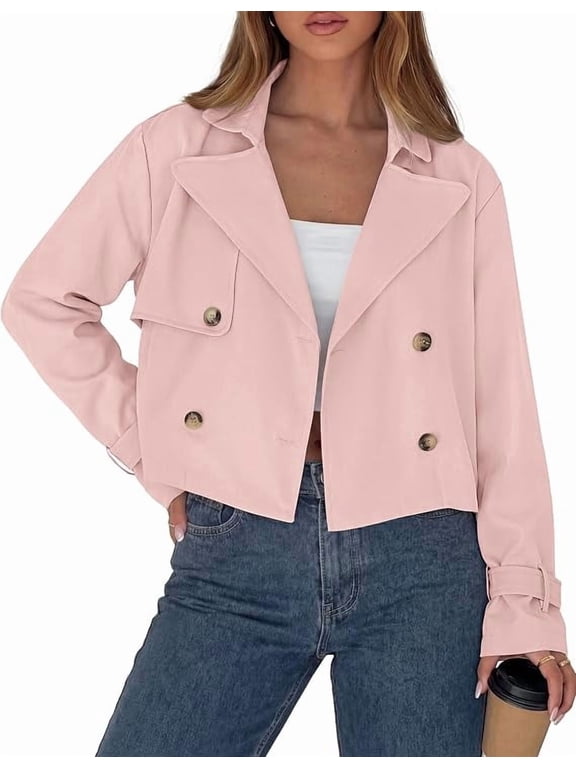 Cropped Trench Coat For Women Short Jacket,Soft Lightweight Coats, Lapel Double Breasted, Long Sleeve Loose Fit, Casual Work Office Jackets, Fall Winter Outwear