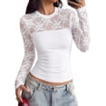 thumbnail image 1 of PRETTYGARDEN Womens Mesh Sheer Shirts Lace Long Sleeve Tops Soft Stretchy Knit, Crewneck See Through Floral Going Out Top, Work, Party Date Night Outfits, Fall Clothes, 1 of 7