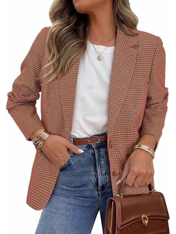Fall Blazers for Women Business Casual | Long Sleeve Plaid Houndstooth, Notch Lapel Pockets, Oversized Blazer Outerwear, Trendy Suit Jackets, Winter Work Outfits
