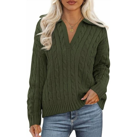 PRETTYGARDEN Fall Cable Knit Sweaters for Women Long Sleeve Loose Chunky Polo V Neck Sweater Casual Pullover Jumper Tops