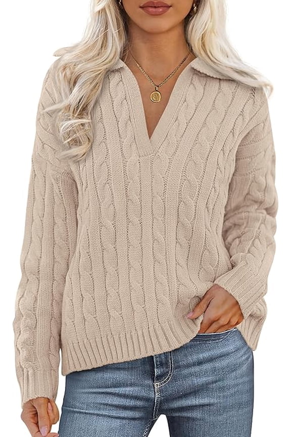 Fall Cable Knit Sweaters for Women Long Sleeve Loose Chunky Polo V Neck Sweater Casual Pullover Jumper Tops