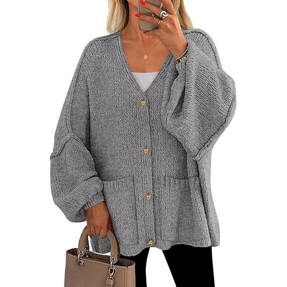 PRETTYGARDEN Fall Chunky Cardigan Sweaters for Women Button Long Lantern Sleeve Knit Oversized Sweater Coats with Pocket