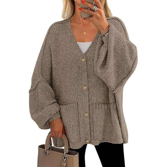 PRETTYGARDEN Fall Chunky Cardigan Sweaters for Women Button Long Lantern Sleeve Knit Oversized Sweater Coats with Pocket