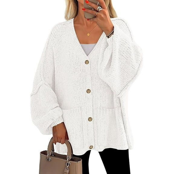 PRETTYGARDEN Fall Chunky Cardigan Sweaters for Women Button Long Lantern Sleeve Knit Oversized Sweater Coats with Pocket