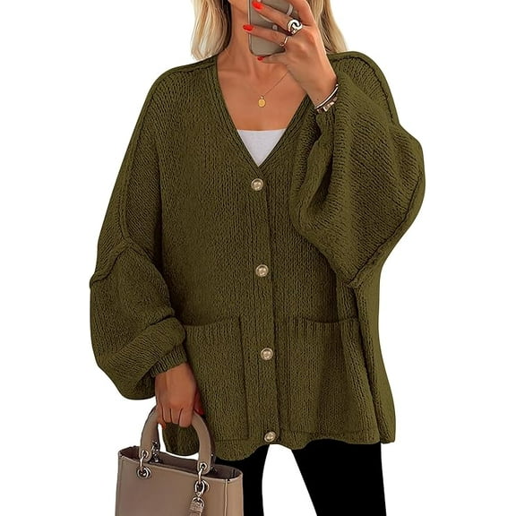 PRETTYGARDEN Fall Chunky Cardigan Sweaters for Women Button Long Lantern Sleeve Knit Oversized Sweater Coats with Pocket