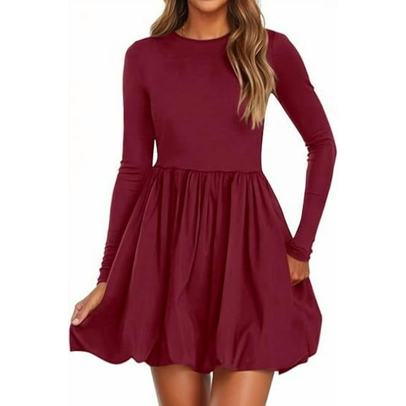 PRETTYGARDEN Fall Dresses for Women Casual Long Sleeve Bubble Cute Crew Neck A Line Mini Short Dress with Pockets