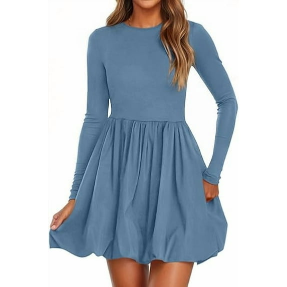 PRETTYGARDEN Fall Dresses for Women Casual Long Sleeve Bubble Cute Crew Neck A Line Mini Short Dress with Pockets